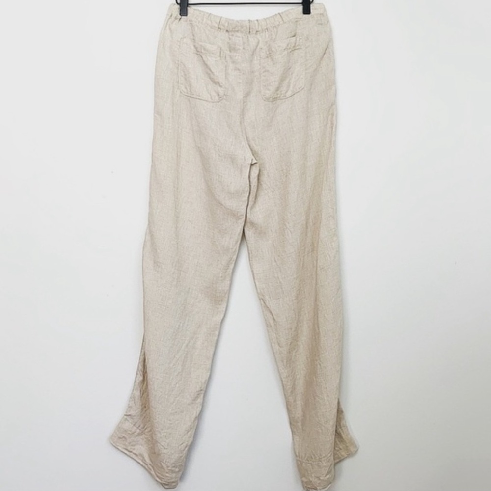 Lord & Taylor 100% linen tan ecru wide leg loose fit long khaki tie waist pants - Picture 3 of 8
